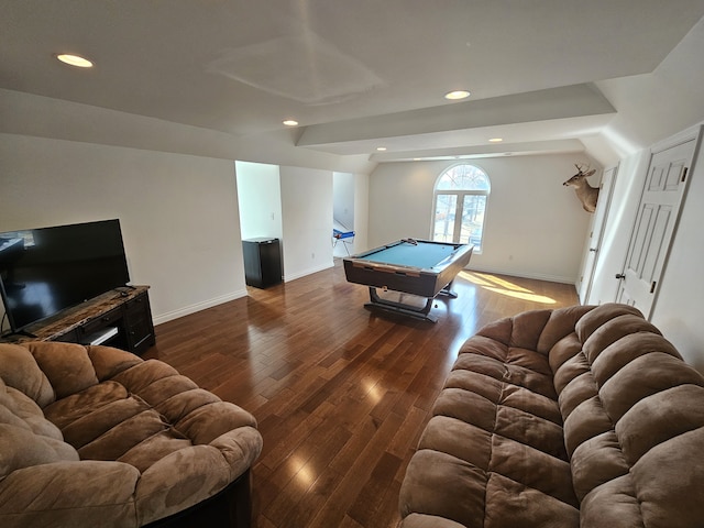 rec room featuring dark wood-style floors, recessed lighting, pool table, and baseboards