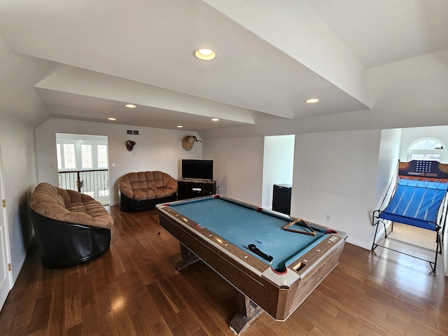 recreation room with recessed lighting, visible vents, wood-type flooring, and pool table