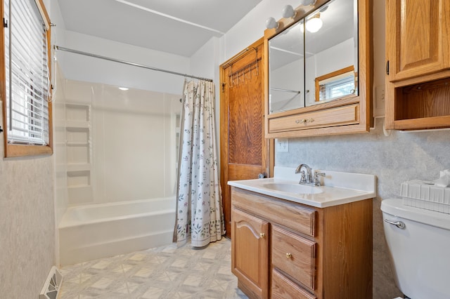 full bathroom with tile patterned floors, visible vents, toilet, shower / bath combo, and vanity