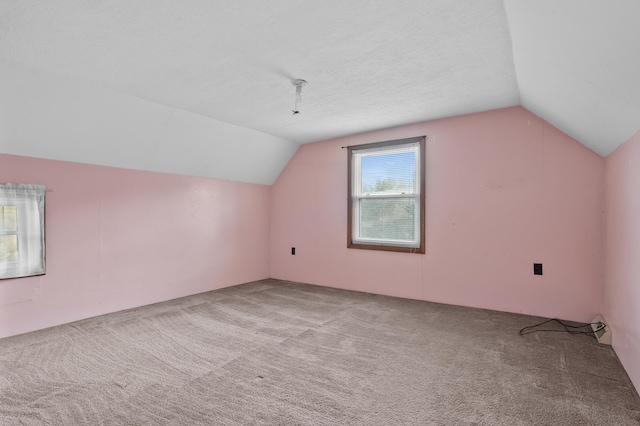 additional living space featuring lofted ceiling, a textured ceiling, and carpet flooring