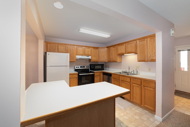 kitchen with electric range, a sink, stainless steel dishwasher, freestanding refrigerator, and black microwave