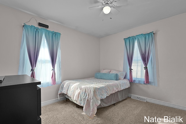 bedroom featuring baseboards, multiple windows, and carpet