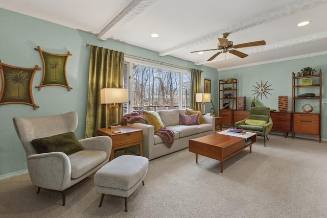 living room featuring a ceiling fan, carpet, baseboards, beam ceiling, and recessed lighting