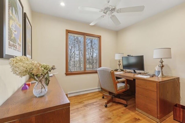 office area with light wood finished floors, a ceiling fan, and a baseboard radiator