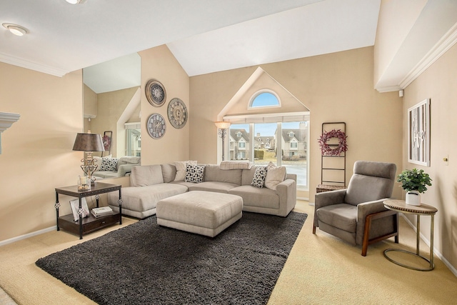 carpeted living room with crown molding, baseboards, and lofted ceiling