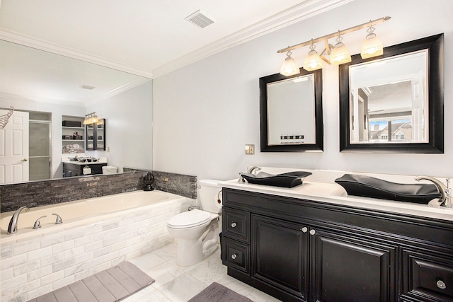 full bath featuring visible vents, toilet, ornamental molding, a bath, and vanity