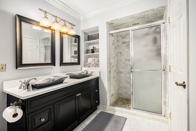 full bath with vanity, a stall shower, and crown molding