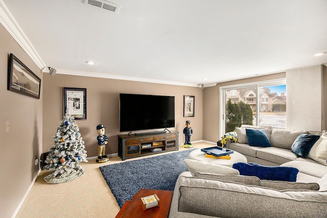 living area with visible vents, baseboards, carpet, and ornamental molding