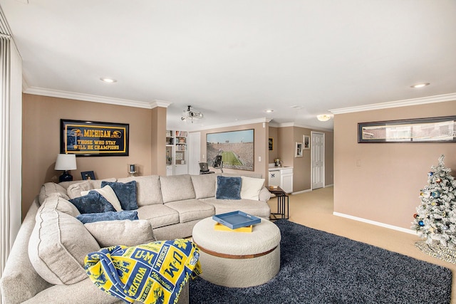 carpeted living room featuring recessed lighting, baseboards, and ornamental molding