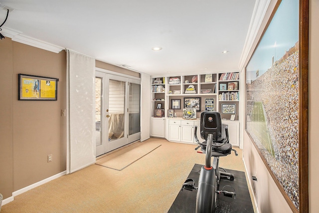 workout room featuring light carpet, recessed lighting, french doors, crown molding, and baseboards