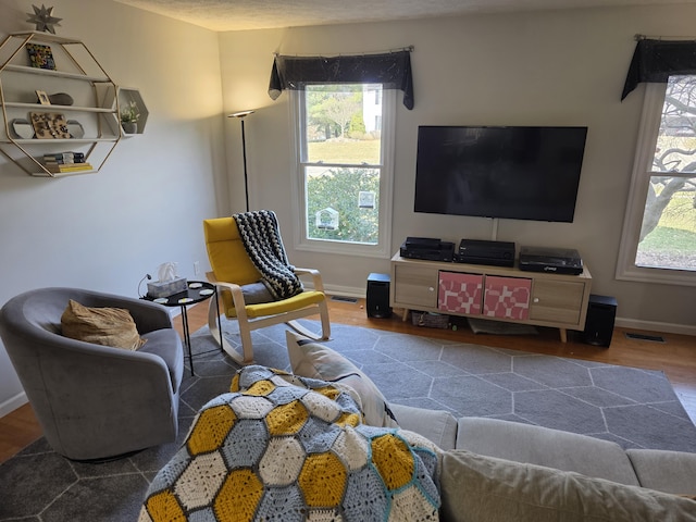 living area with visible vents, baseboards, and wood finished floors