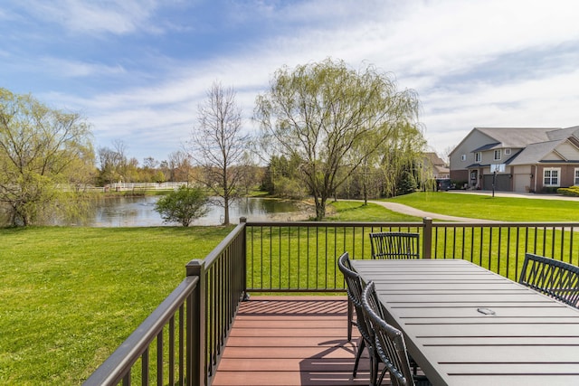 deck with a lawn and a water view