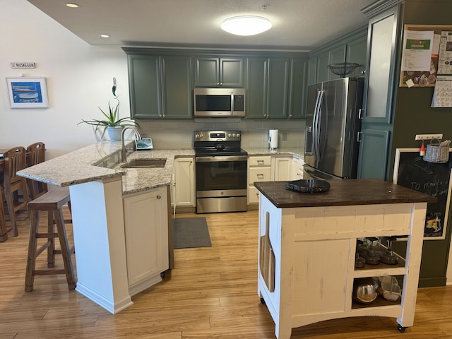 kitchen featuring light wood finished floors, a peninsula, a sink, decorative backsplash, and appliances with stainless steel finishes