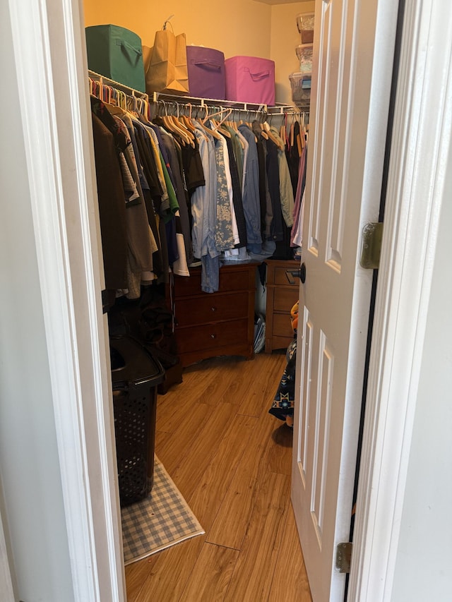 walk in closet with wood finished floors