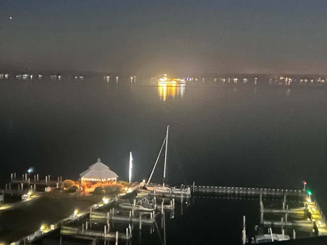 water view with boat lift and a boat dock