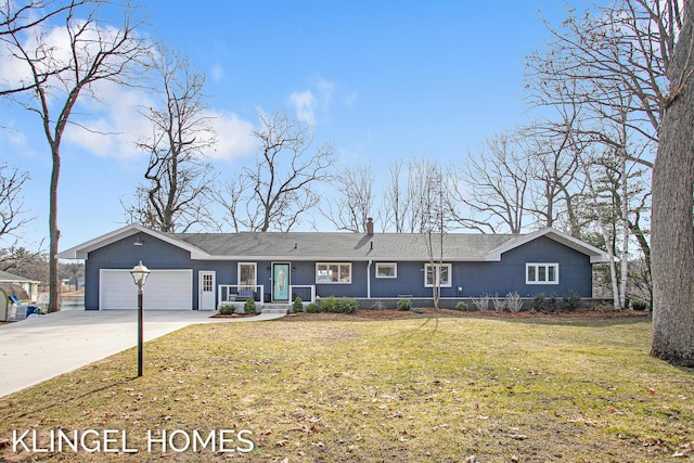 single story home with an attached garage, a chimney, driveway, and a front lawn