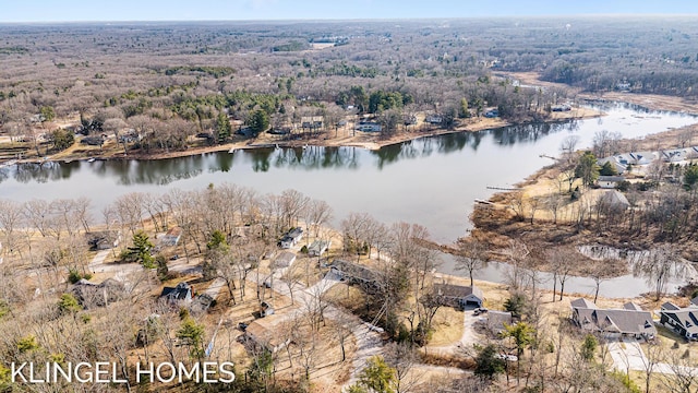 bird's eye view featuring a view of trees and a water view