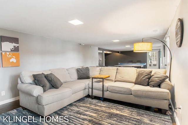 living area featuring baseboards, wood finished floors, and pool table