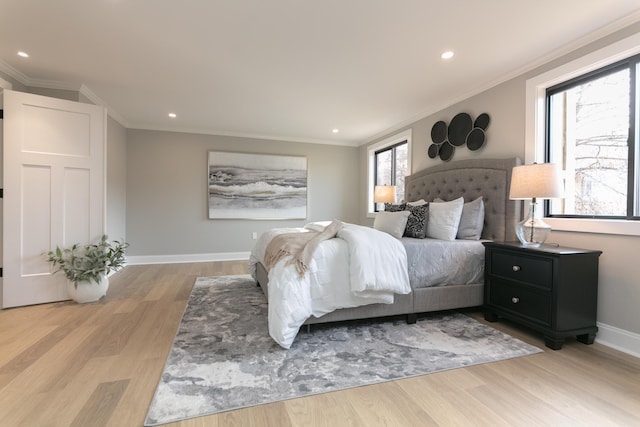 bedroom featuring recessed lighting, baseboards, light wood-type flooring, and ornamental molding