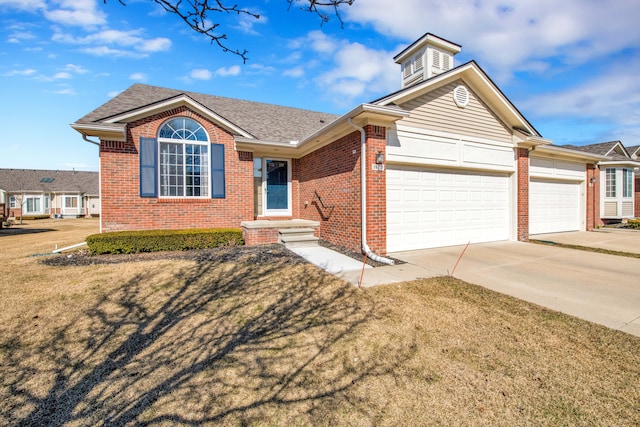 single story home with brick siding, driveway, a garage, and roof with shingles