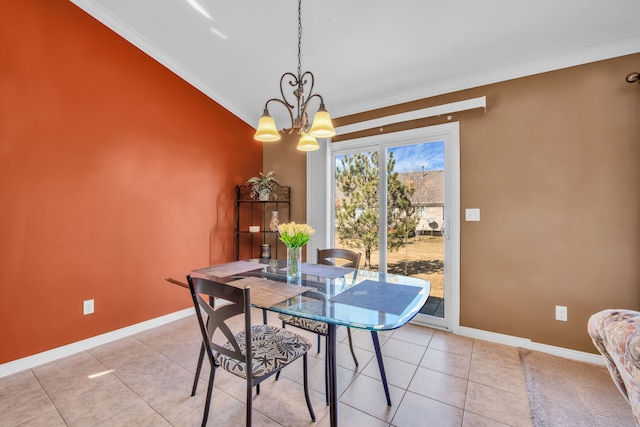 dining room featuring light tile patterned floors, baseboards, crown molding, and an inviting chandelier