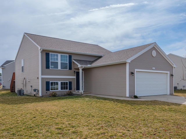 view of front of property featuring central AC, an attached garage, concrete driveway, and a front lawn