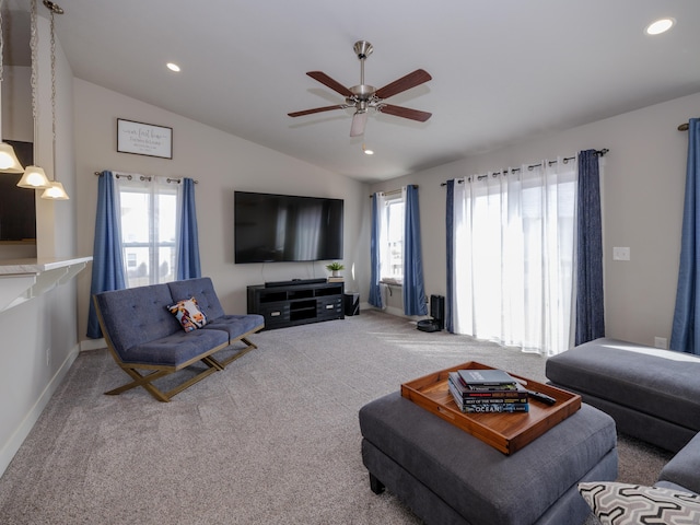 living area featuring recessed lighting, carpet flooring, a ceiling fan, and vaulted ceiling