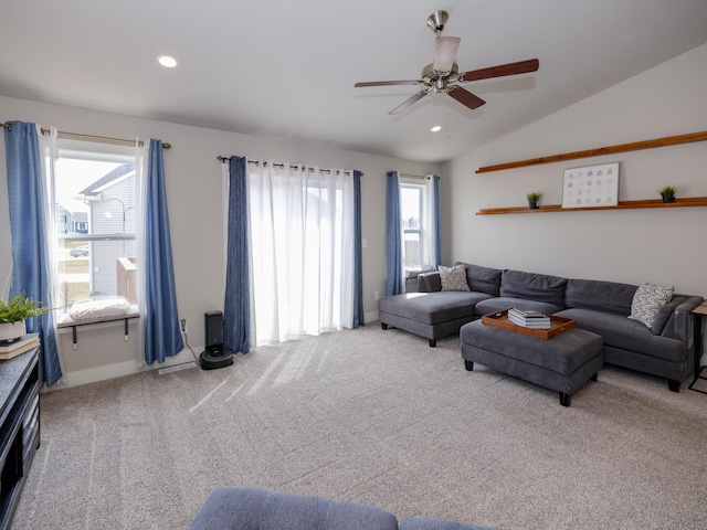 living area with recessed lighting, carpet floors, ceiling fan, and vaulted ceiling