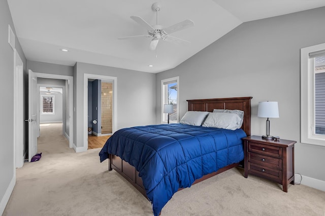 bedroom with light carpet, a ceiling fan, recessed lighting, baseboards, and vaulted ceiling