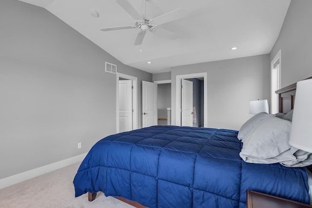 bedroom with visible vents, lofted ceiling, a ceiling fan, carpet, and baseboards