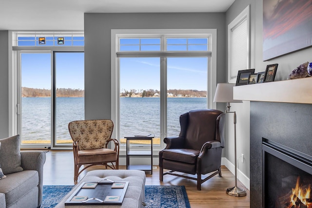 living room featuring a warm lit fireplace, wood finished floors, baseboards, and a water view