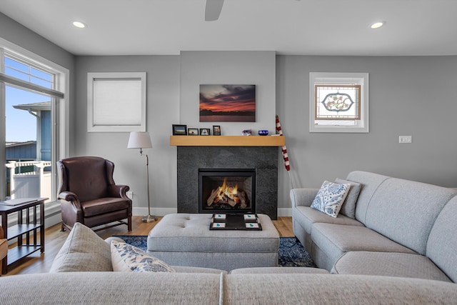 living area featuring a wealth of natural light, recessed lighting, baseboards, and wood finished floors