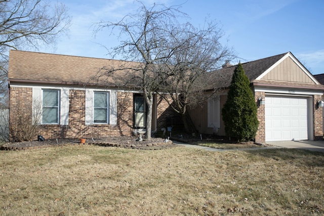 ranch-style house featuring a garage, brick siding, and roof with shingles