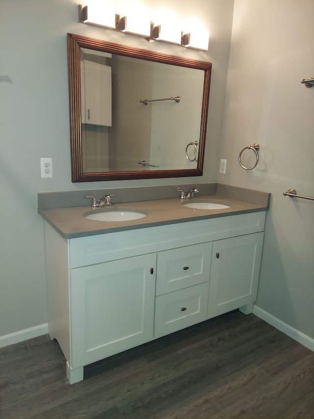 bathroom with double vanity, wood finished floors, and a sink