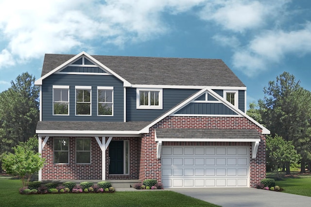 view of front facade featuring board and batten siding, concrete driveway, a front yard, a shingled roof, and brick siding