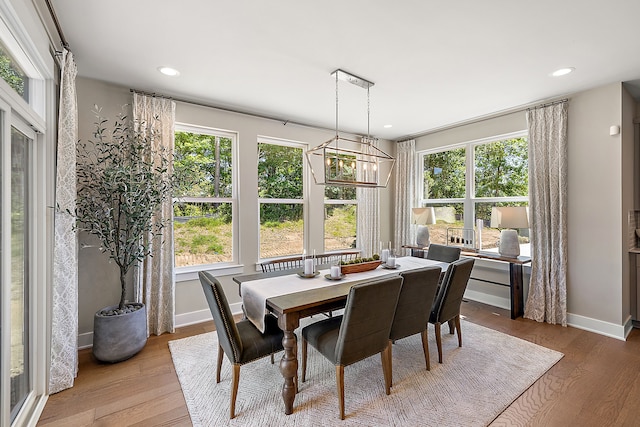 dining room with plenty of natural light, wood finished floors, and baseboards