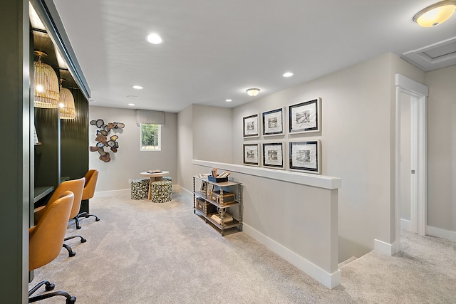 carpeted office featuring recessed lighting and baseboards