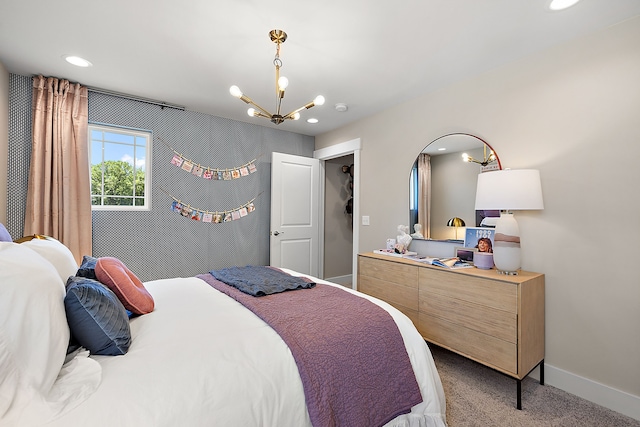 bedroom featuring recessed lighting, carpet, baseboards, and a chandelier