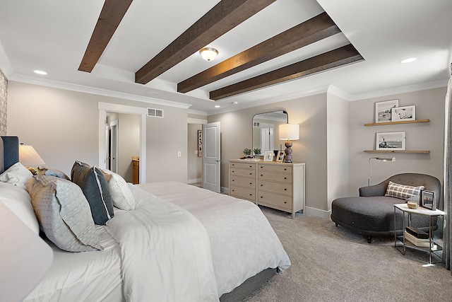 bedroom with beamed ceiling, light colored carpet, ornamental molding, recessed lighting, and arched walkways