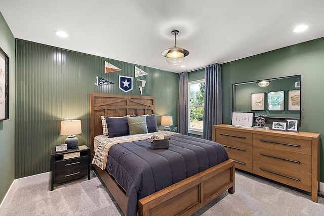 bedroom featuring recessed lighting, baseboards, and light carpet