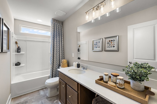 bathroom with shower / bath combination with curtain, toilet, and vanity