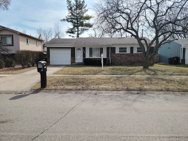 ranch-style house with concrete driveway, a front lawn, a garage, and a shingled roof