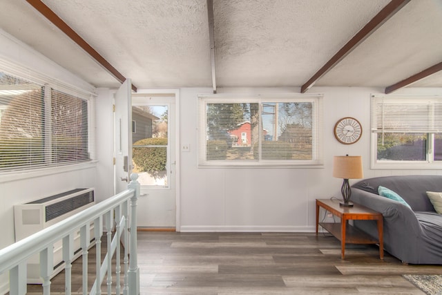 interior space with multiple windows, beam ceiling, a textured ceiling, and wood finished floors