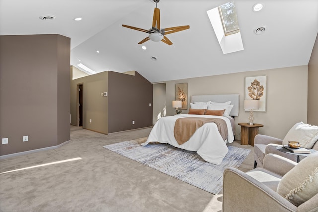 carpeted bedroom featuring visible vents, recessed lighting, a skylight, and a ceiling fan