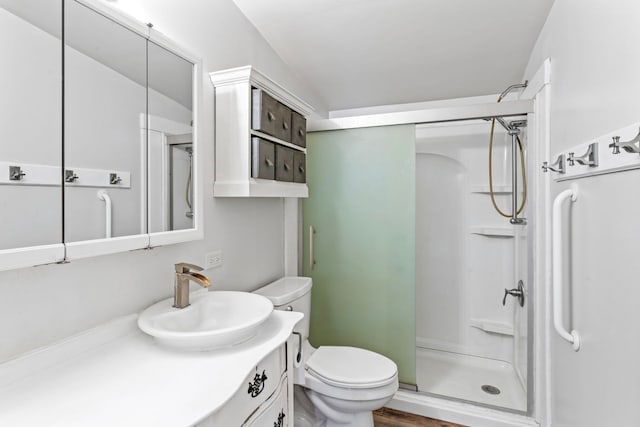 bathroom featuring a shower stall, toilet, vanity, and wood finished floors