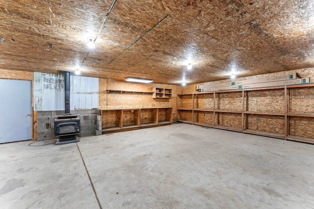 garage with a wood stove