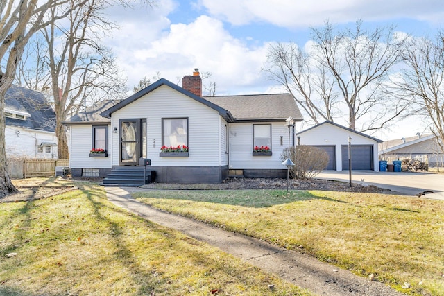 bungalow-style house featuring fence, a chimney, an outdoor structure, a front lawn, and a detached garage