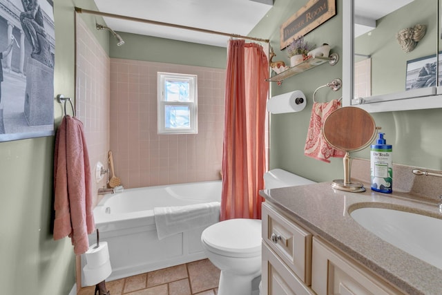 bathroom featuring toilet, shower / bath combo, and vanity