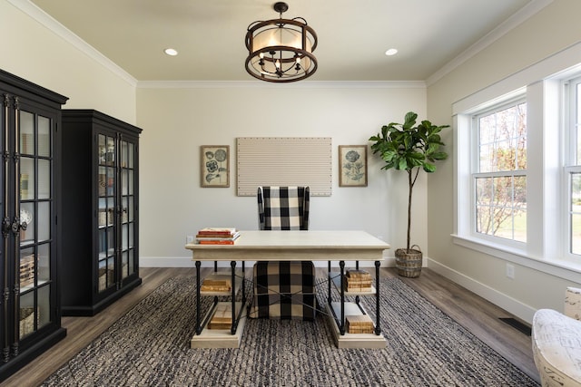 office space with dark wood-type flooring, baseboards, and ornamental molding