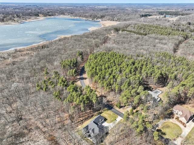 drone / aerial view with a wooded view and a water view